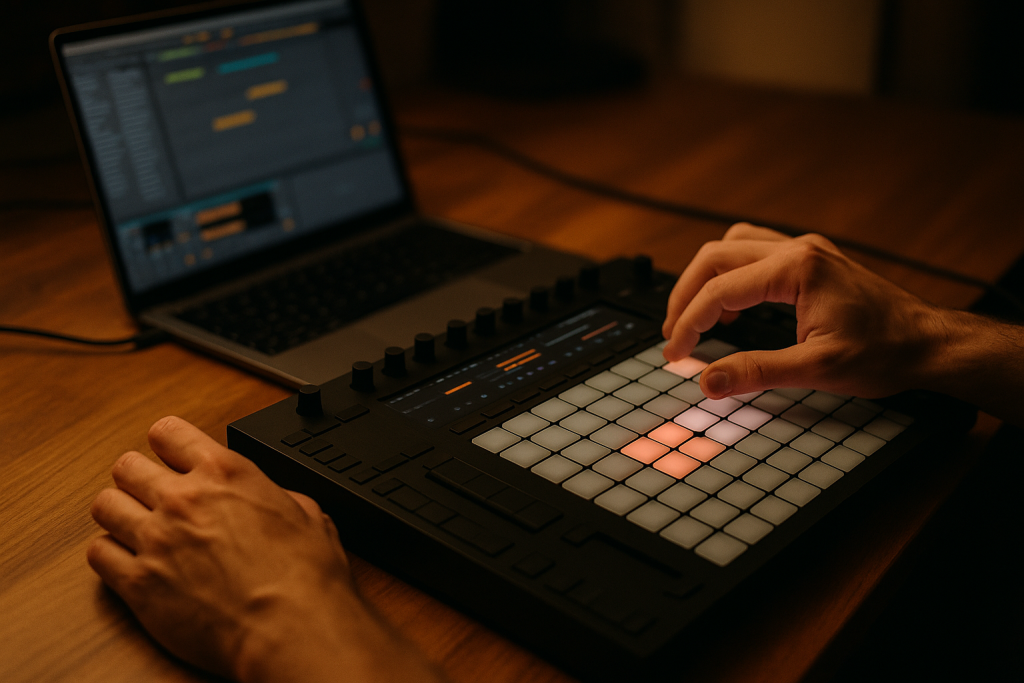 Rhythm Before Notes Hands tapping a rhythm pattern for catchy melodies on a pad controller