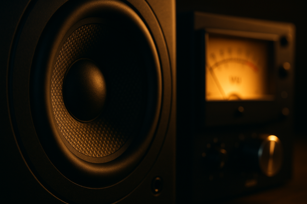 Headroom While Writing Studio monitor and gain knob representing headroom while writing music