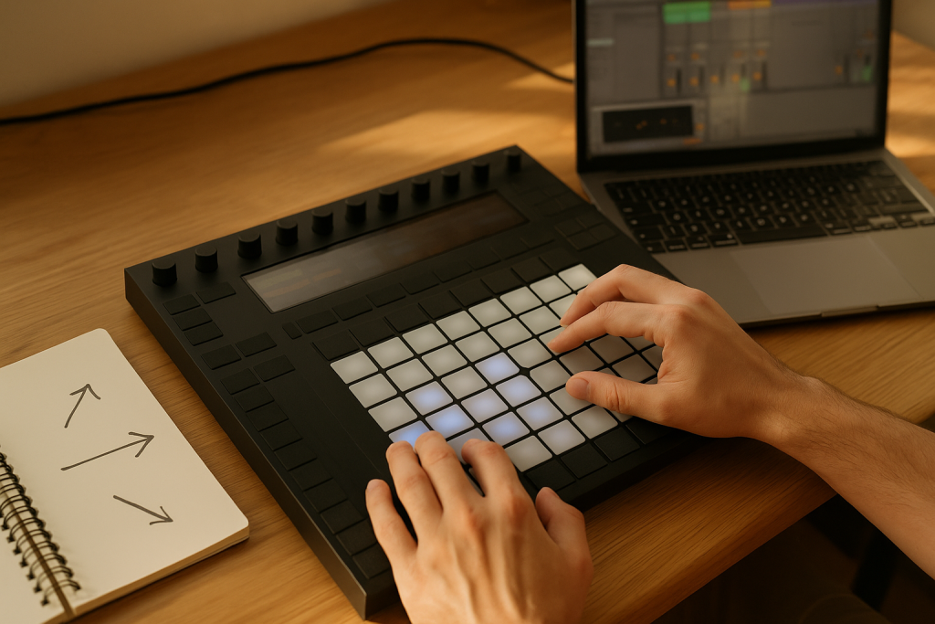 Brief That Works Producer hands shaping a track brief with controller, laptop and notebook