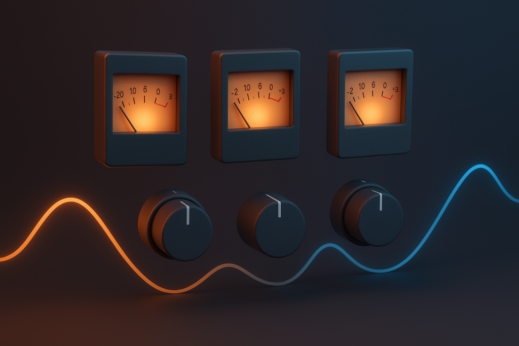 Headroom Without Myths Gain meters and low-end waveform illustrating processor headroom decisions