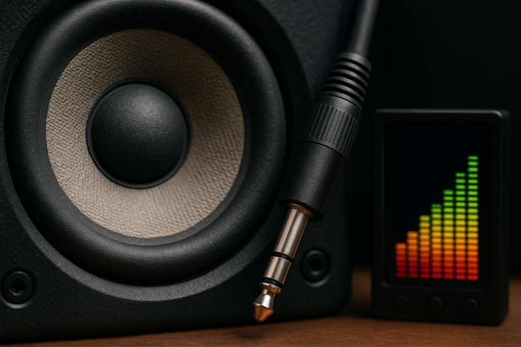 Low-End Translation Check Close-up of monitor woofer and cable showing low-end checking