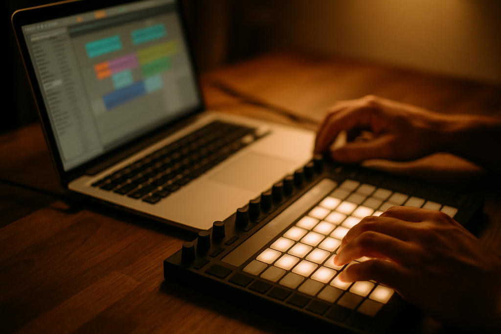 Beat Writing Workflow Hands programming EDM drums and bass on a pad controller