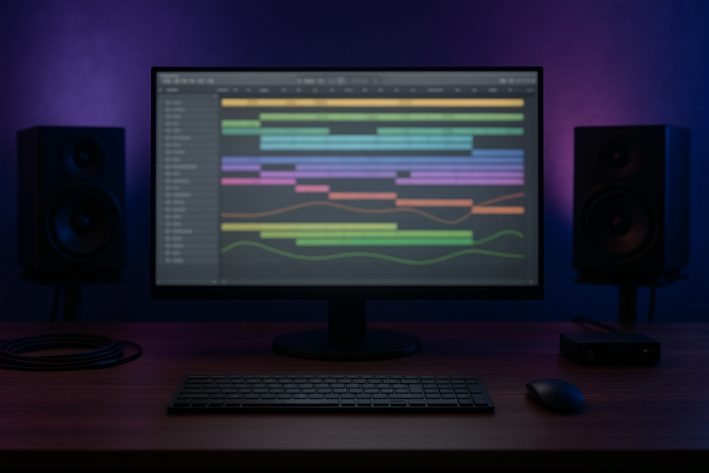 Arrangement Desk View Studio monitor with blurred arrangement lanes and automation curves
