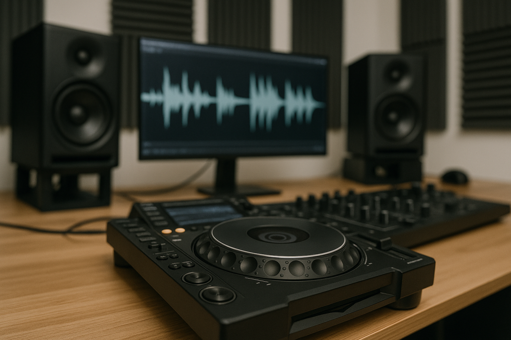 DJ Arrangement View Studio arrangement setup with CDJ jog wheel and waveform shapes