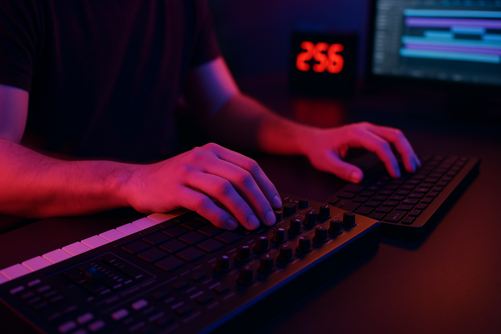 Timed Arrangement Pass Hands editing music arrangement tips with a MIDI controller during a timed session