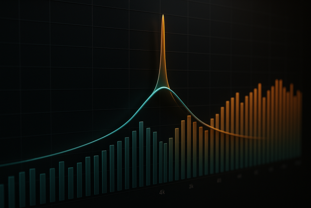 Resonance Repair Curve 3D spectrum visual showing a harsh resonance being reduced with EQ
