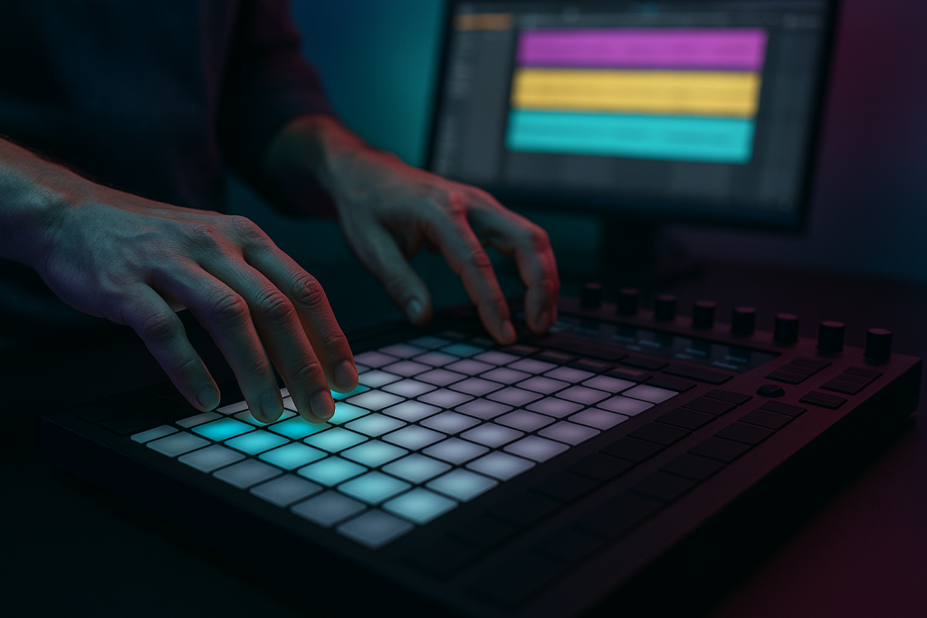 Split Bass Layers Hands triggering layered bass parts on a pad controller
