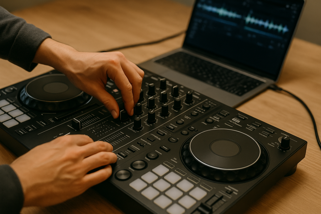 Demo Mix Take Hands adjusting DJ controller EQ while recording a demo mix