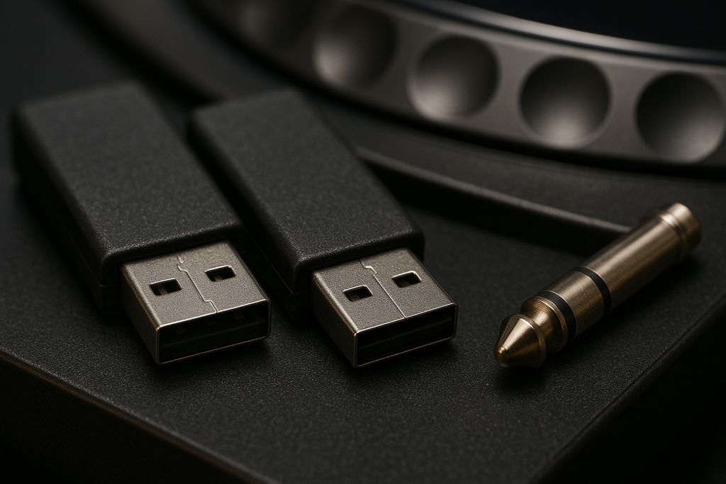 Booth Survival Kit Two USB sticks and headphone adaptor ready for a DJ booth