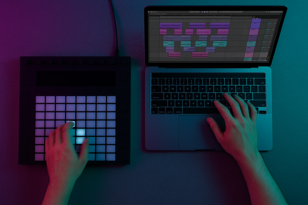Breaking Loop Mode Hands arranging a track with a MIDI controller and laptop