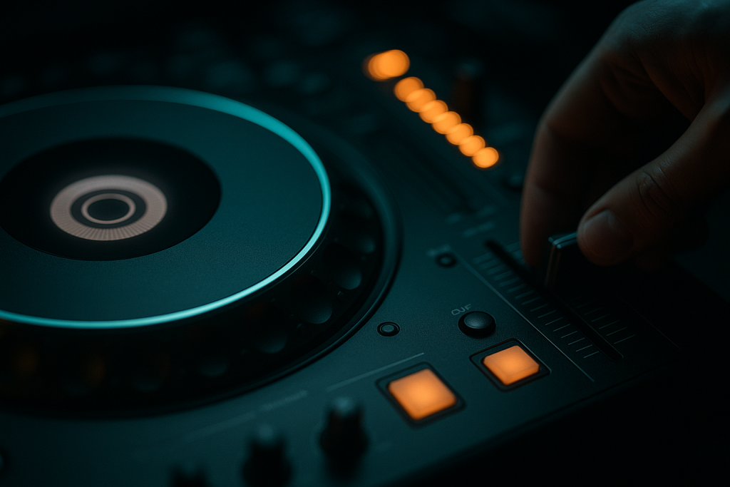 Club Test Controls Close detail of DJ jog wheel and mixer fader for track testing