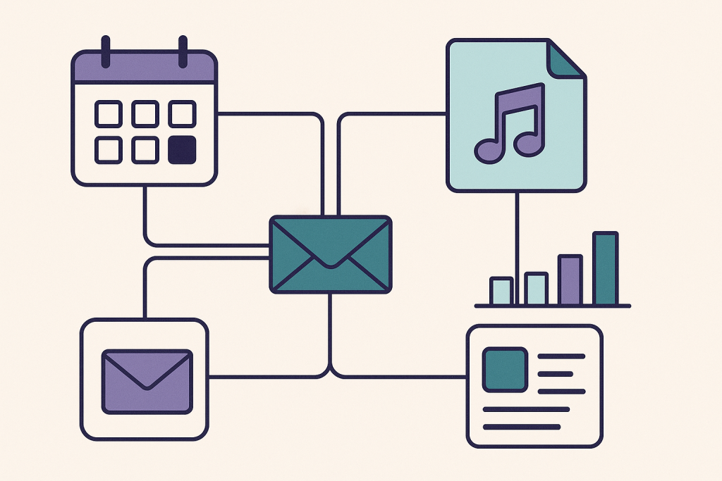 Release Workflow Map Illustrated release workflow with calendar, audio files, and analytics