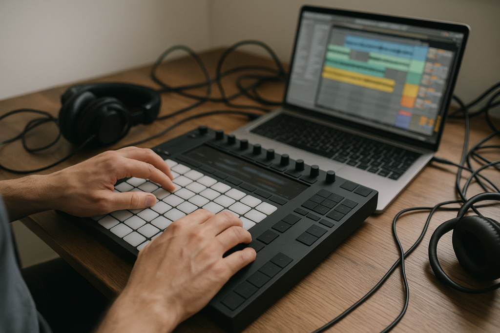 Controller Mix Workflow Hands using a pad controller for Ableton mixing workflow decisions