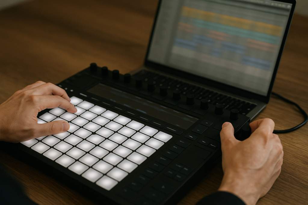 Edit Desk Notes Hands editing a DJ arrangement on a pad controller