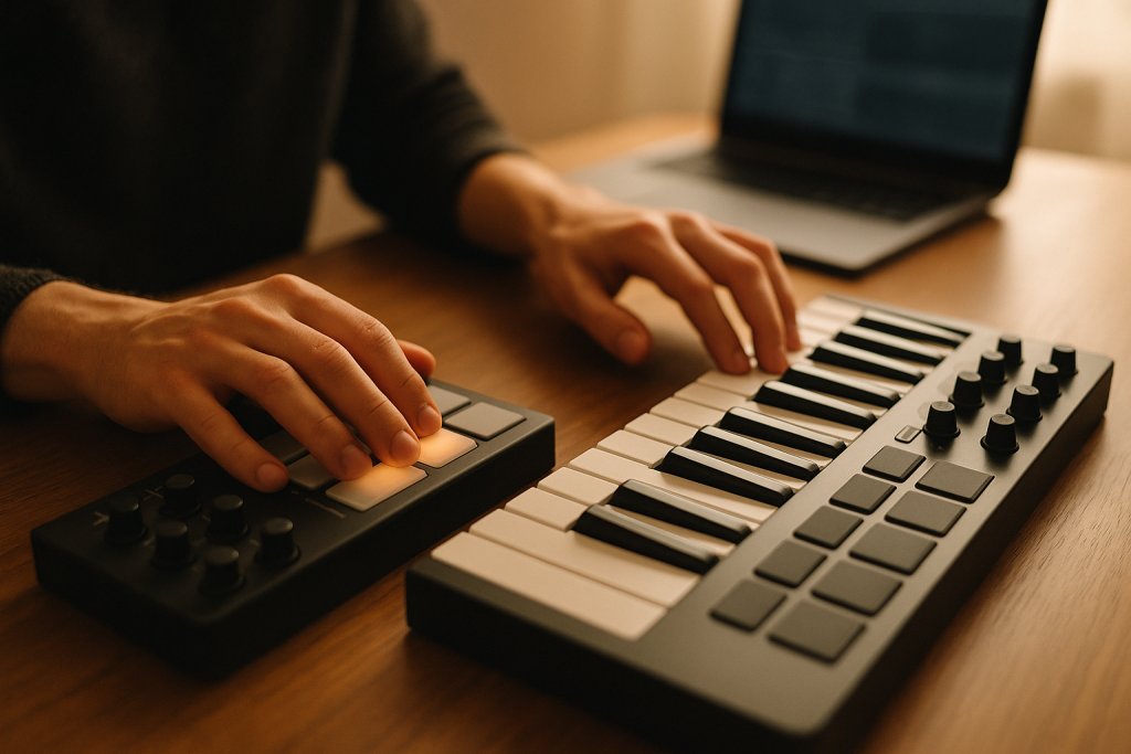 Controller Sketch Session Producer hands using pads and keys to sketch ideas in Ableton