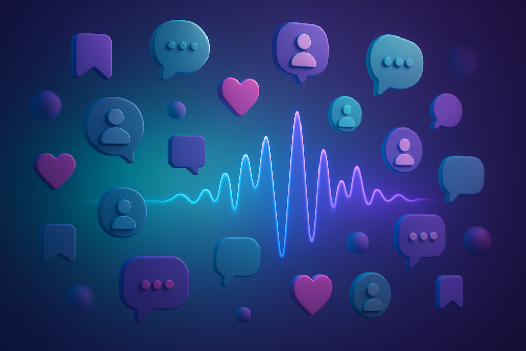 Signals Over Views Abstract saves comments and DM signals around a pulsing audio waveform