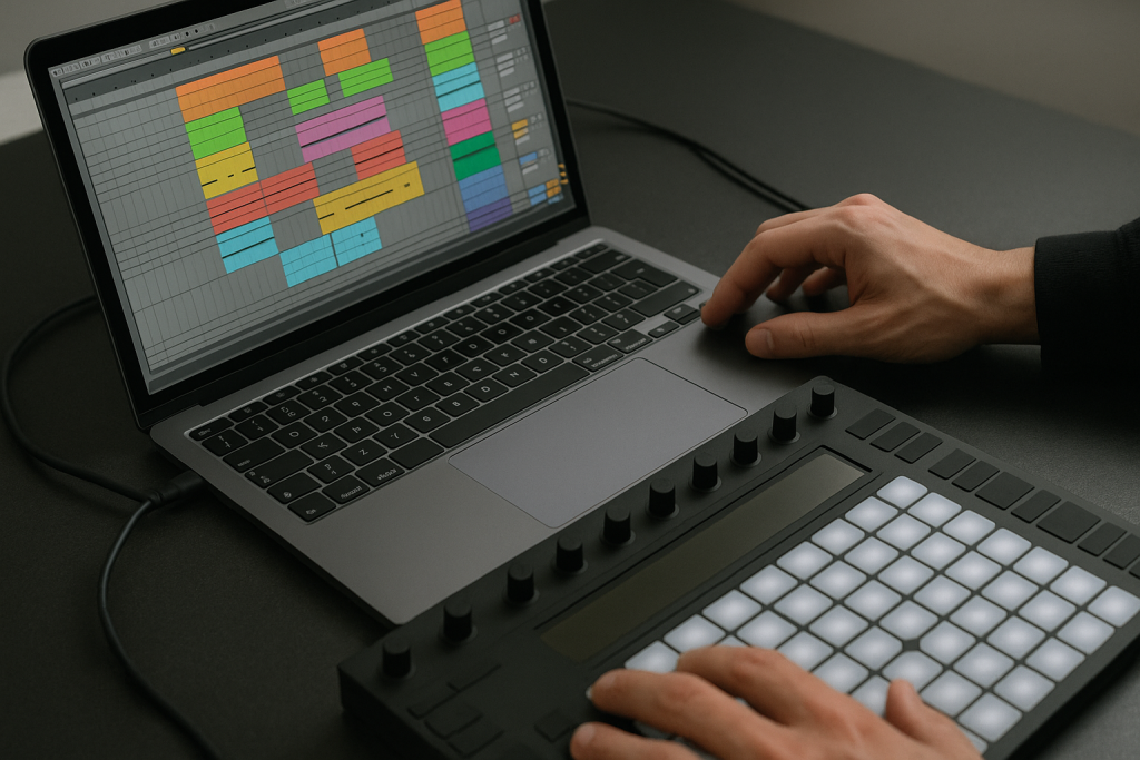 Template In Use Producer hands working from a structured DAW template